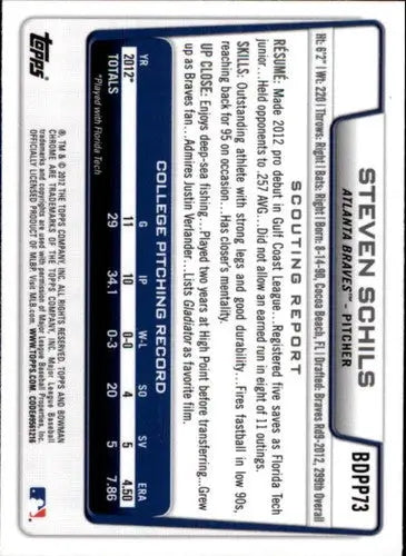 Baseball card back showcasing original gloss for 2012 Bowman Draft Chrome BDPP73 Steven Schils