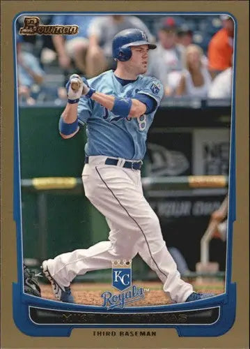 Baseball trading card of Mike Moustakas in Bowman Gold with original gloss