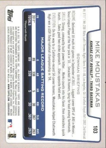 Vintage Bowman Gold Mike Moustakas baseball card with original gloss from 2012 Bowman Gold #103