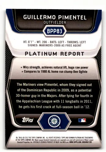 Baseball card back with original gloss from Bowman Platinum featuring Guillermo Pimentel