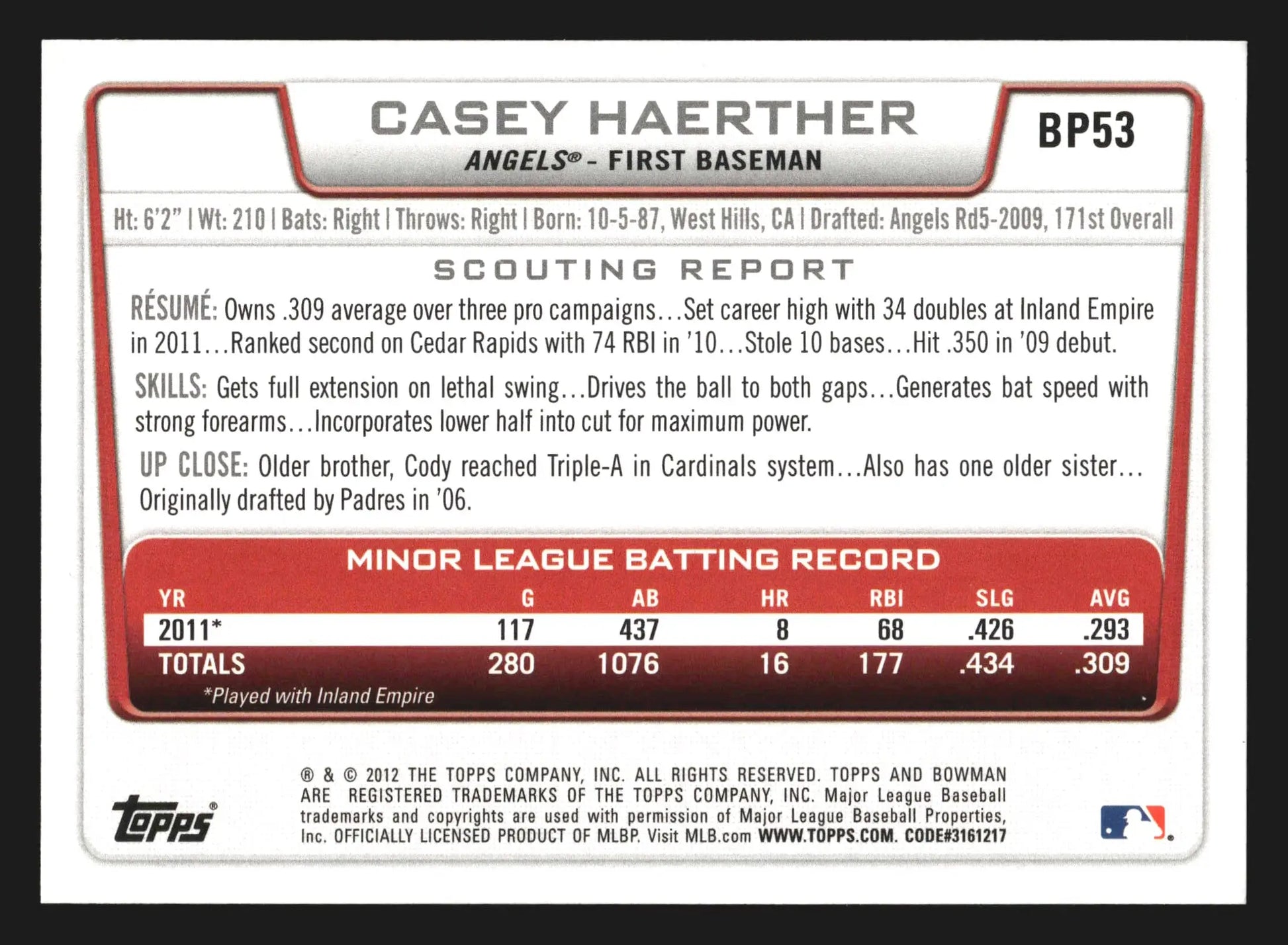 2012 Bowman Prospects Casey Haerther #BP53 1st Bowman Angels - Baseball Card Single