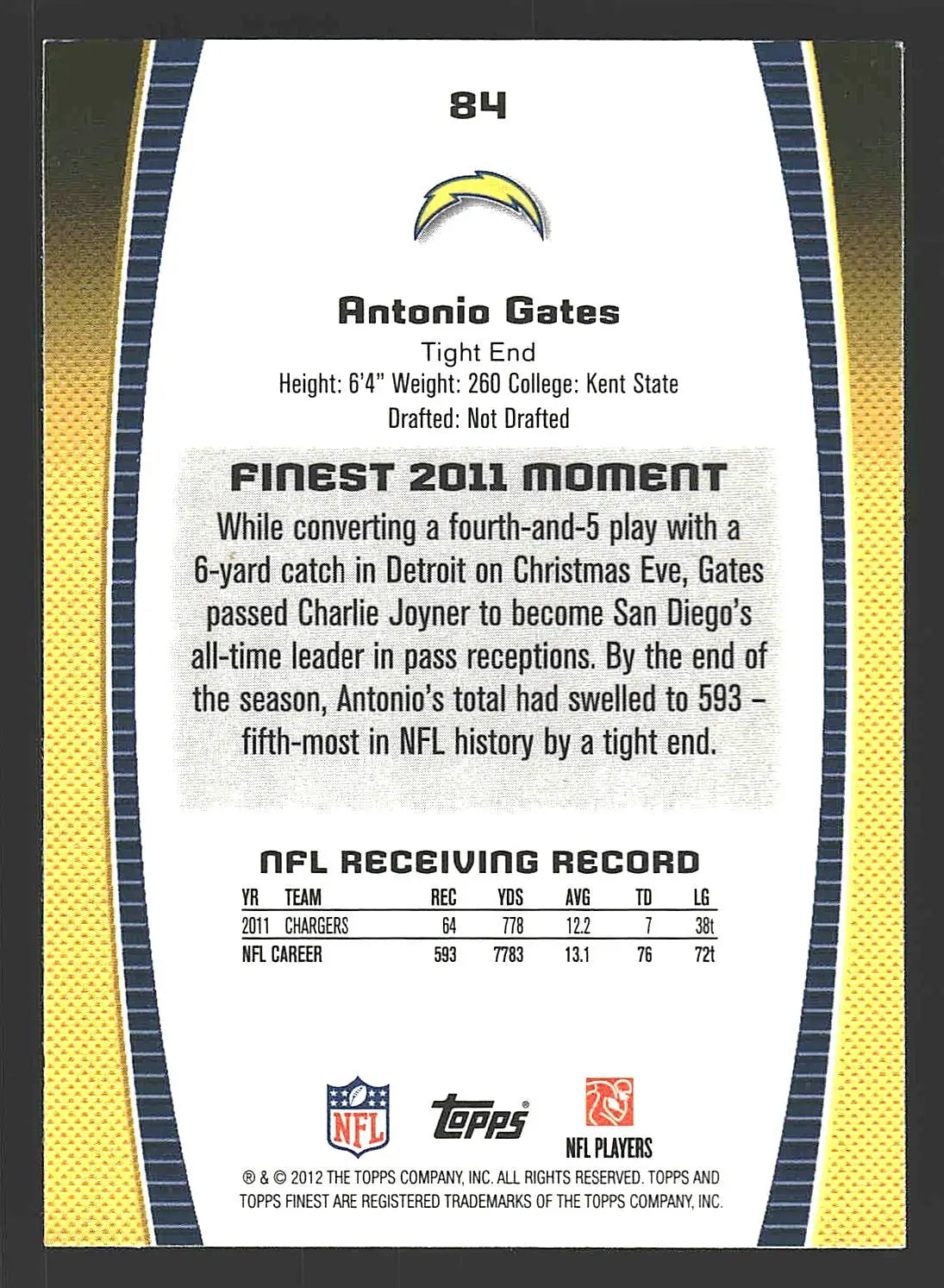 2012 Finest #84 Antonio Gates - Football Card Single