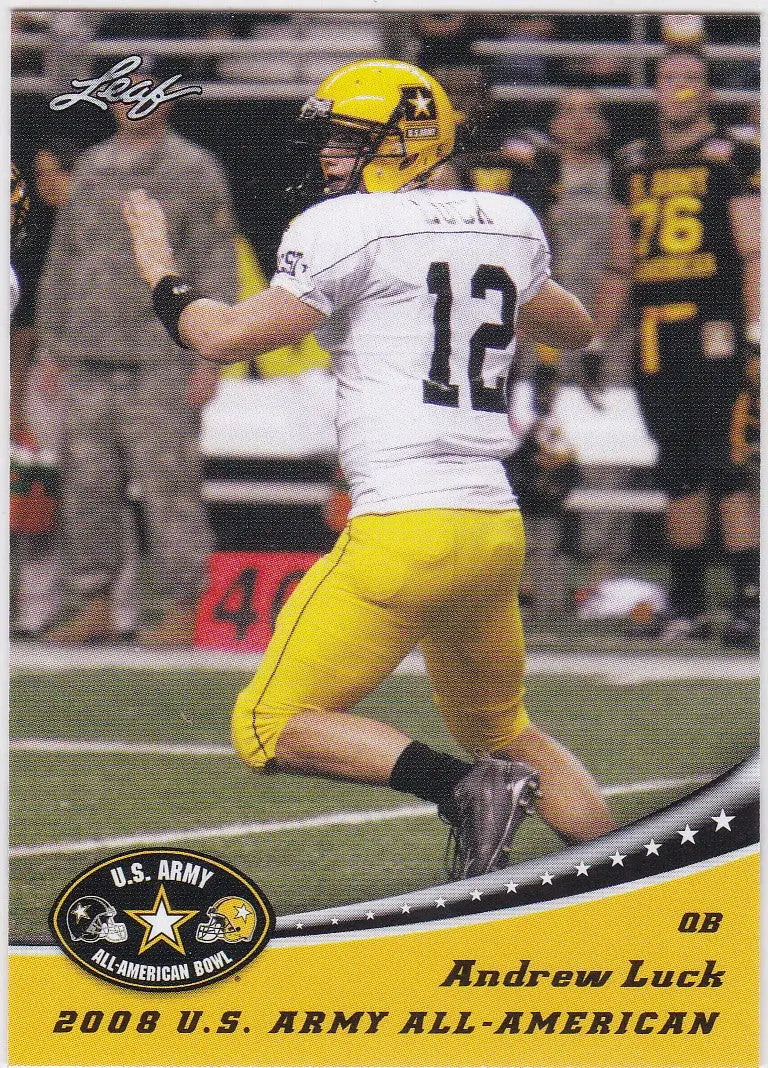 Andrew Luck in a white jersey with number 12 throws a pass at the American Bowl Army