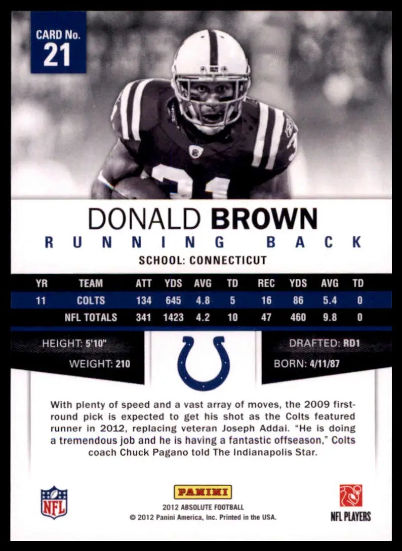 2012 Panini Absolute Donald Brown 21 Indianapolis Colts NM - Football Card Single