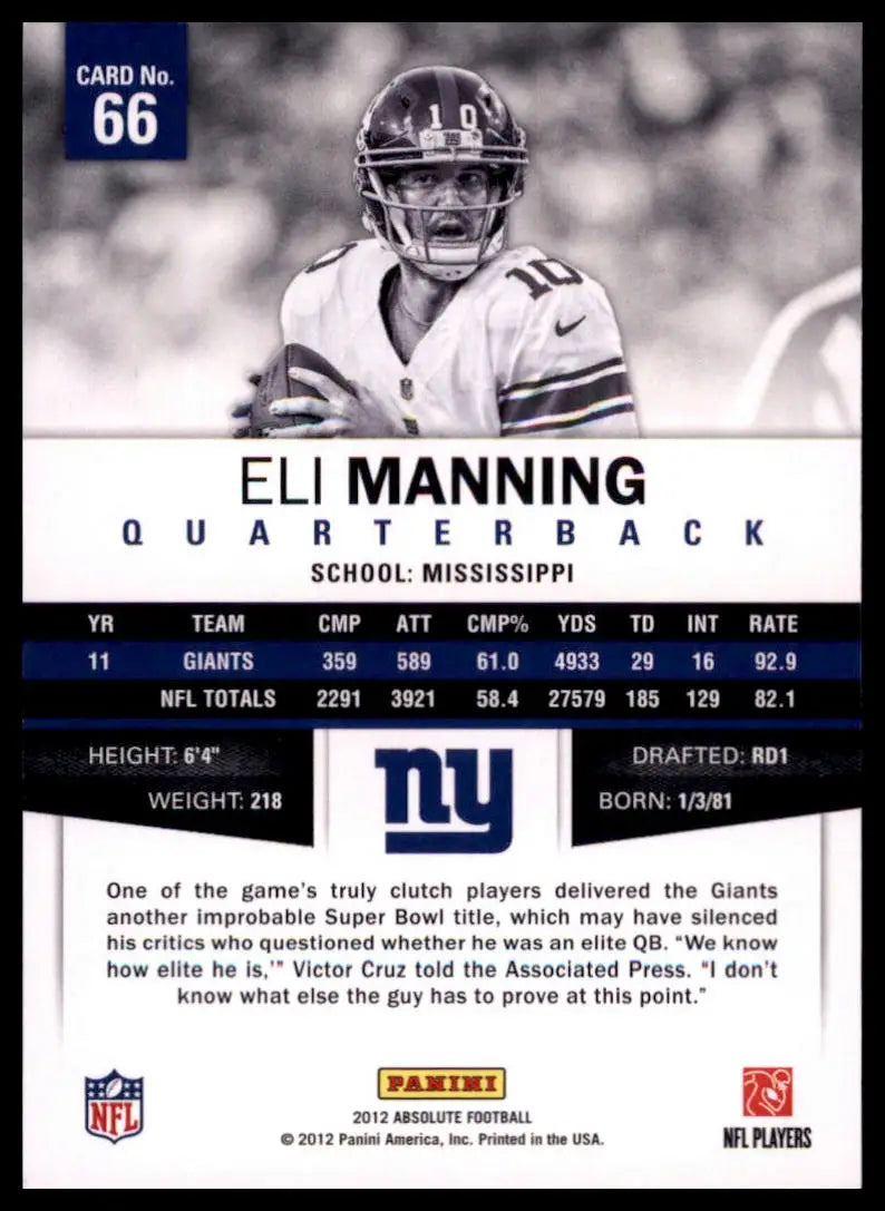 2012 Panini Absolute Eli Manning 66 New York Giants NM - Football Card Single