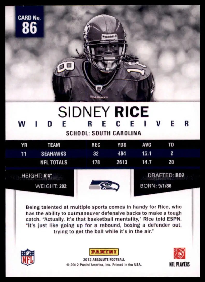 2012 Panini Absolute Sidney Rice 86 Seattle Seahawks NM - Football Card Single
