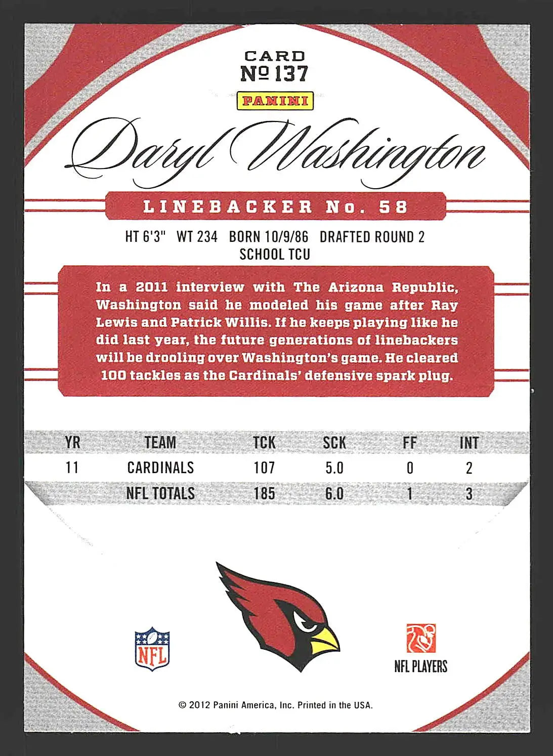2012 Panini Certified #137 Daryl Washington - Football Card Single