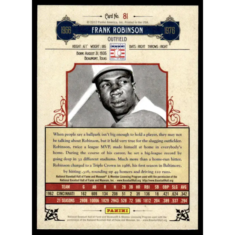 2012 Panini Cooperstown #81 Frank Robinson EX/NM Cincinnati Reds Baseball Card - Baseball Card Single
