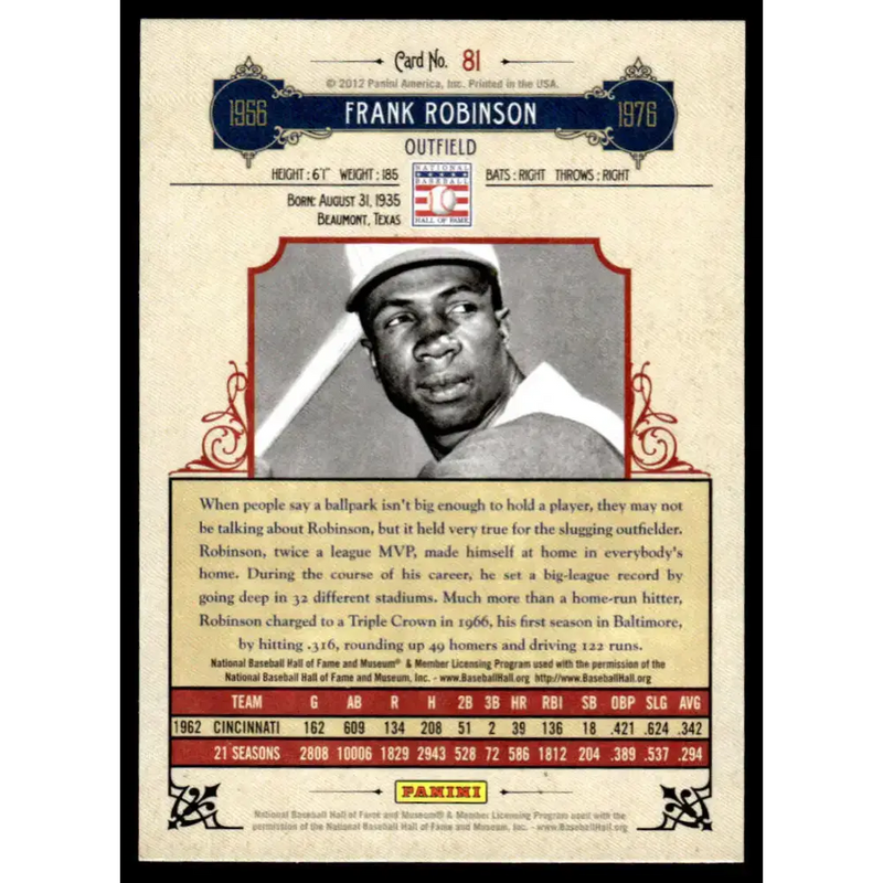 2012 Panini Cooperstown #81 Frank Robinson EX/NM Cincinnati Reds Baseball Card - Baseball Card Single