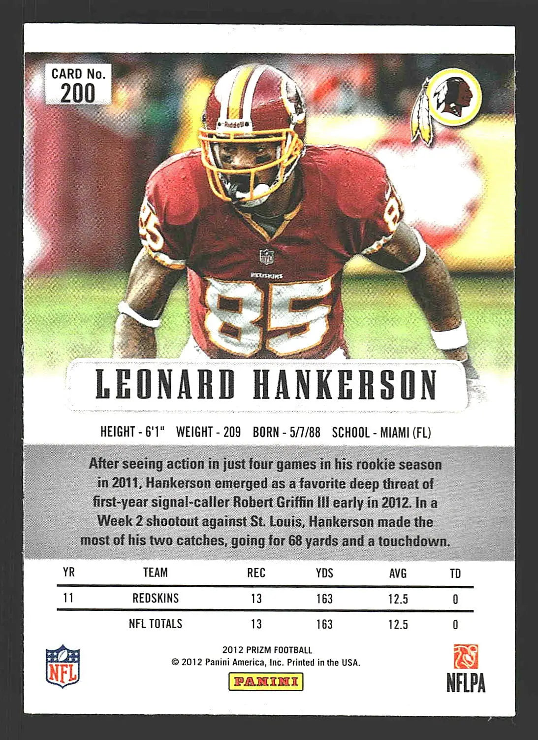 2012 Panini Prizm #200 Leonard Hankerson - Football Card Single