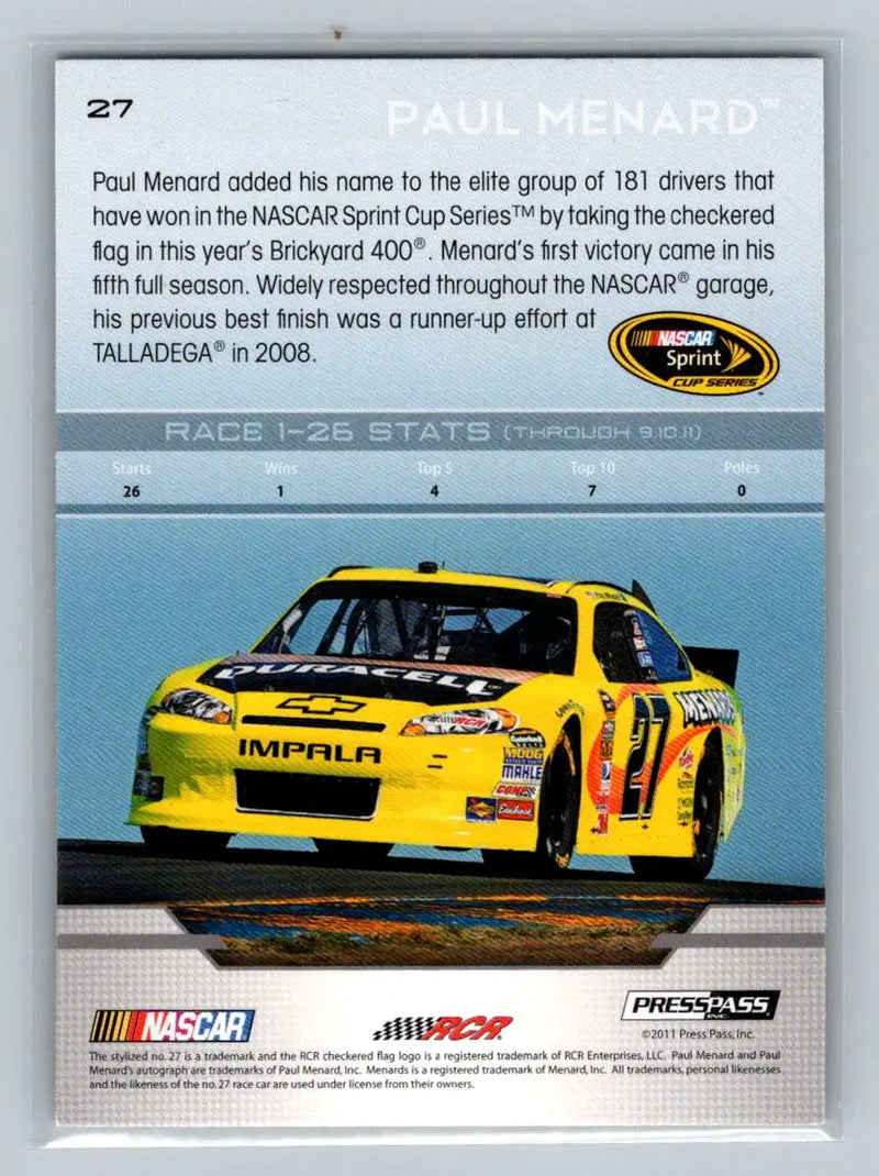 2012 Press Pass #27 Paul Menard Richard Childress Racing - Racing Card Single