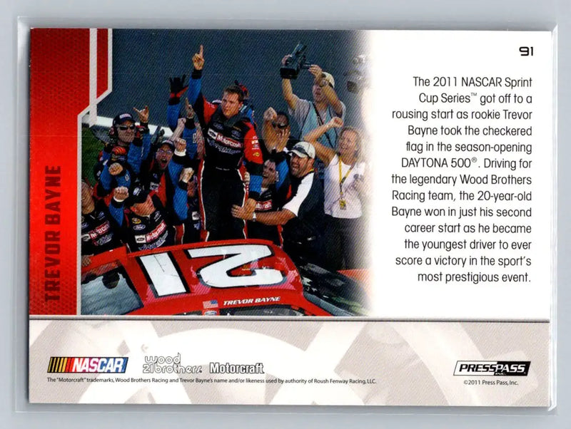 2012 Press Pass #91 Trevor Bayne Wins Daytona Wood Brothers Racing - Racing Card Single