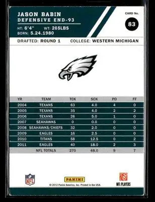 2012 Score Jason Babin #83 Scorecard Philadelphia Eagles