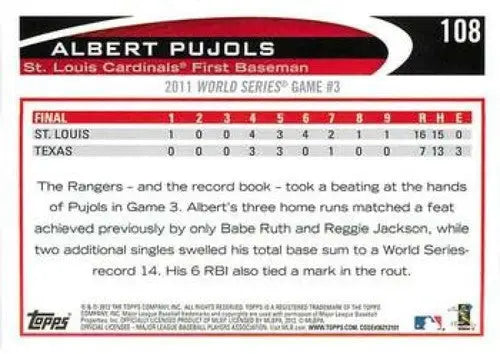 Back of 2012 Topps Albert Pujols baseball trading card with original gloss and Simply Sandoval