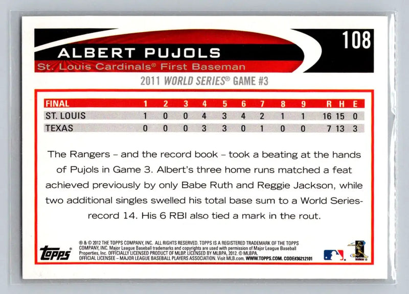 2012 Topps #108 Albert Pujols Trading Card from St. Louis Cardinals Collection