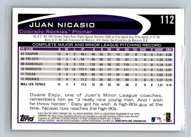 2012 Topps #112b Juan Nicasio Colorado Rockies baseball card for collectors