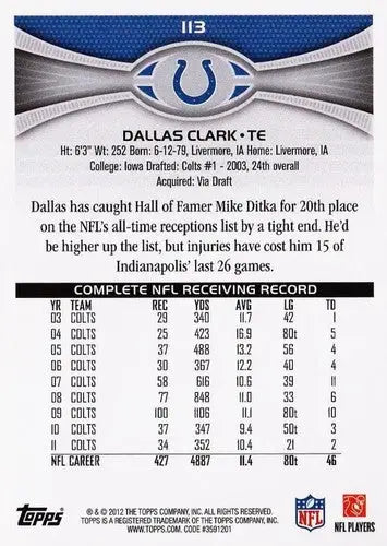 2012 Topps #113 Dallas Clark NM-MT Colts ID:81393 - Football Card Single