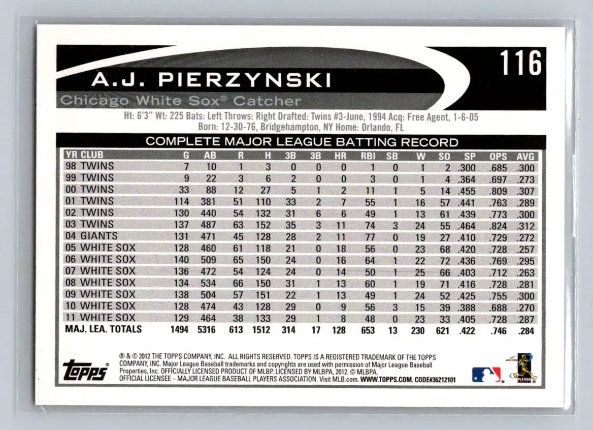 A.J. Pierzynski 2012 Topps #116b baseball card featuring Chicago White Sox player