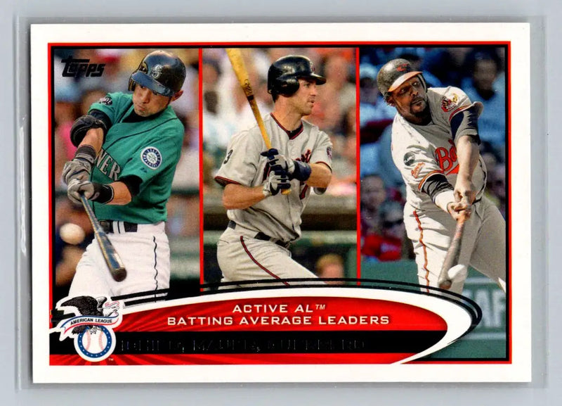 Baseball card of Joe Mauer, Vladimir Guerrero, and Ichiro from 2012 Topps trading cards