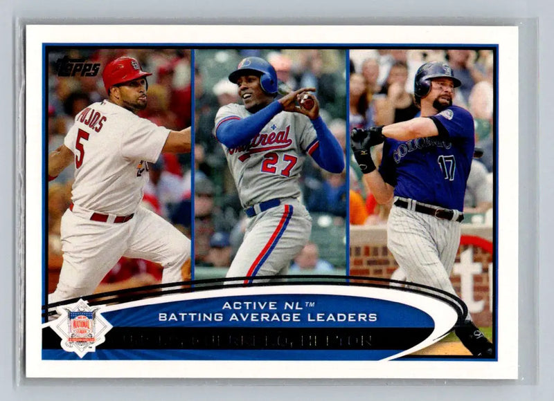2012 Topps baseball card showcasing Albert Pujols, Vladimir Guerrero, and Todd Helton