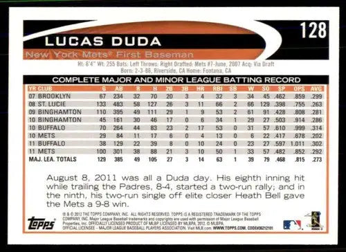 2012 Topps #128 Lucas Duda NM-MT Mets ID:70850 - Baseball Card Single