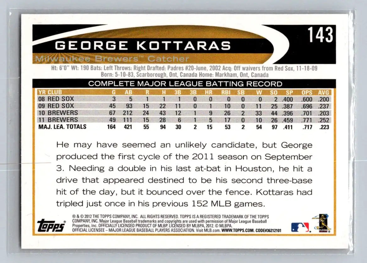 George Kottaras 2012 Topps #143b baseball card from Milwaukee Brewers collection