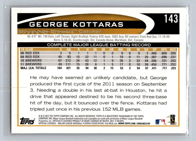 George Kottaras 2012 Topps #143b baseball card from Milwaukee Brewers collection