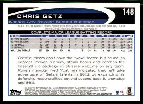 Original gloss Chris Getz baseball card 2012 Topps NM-MT Royals ID 72035