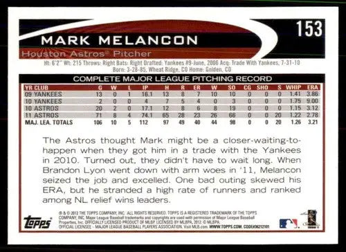 Original gloss baseball trading card of Mark Melancon for the Houston Astros, 2012 Topps