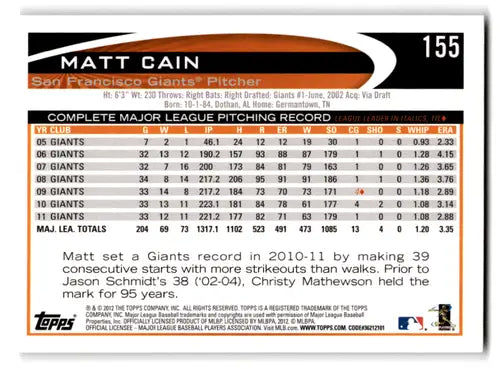 Original gloss Matt Cain baseball card 2012 Topps NM-MT Giants ID 71636