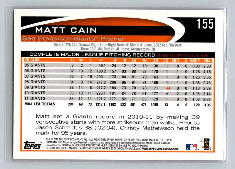 2012 Topps #155a Matt Cain baseball card featuring San Francisco Giants star pitcher
