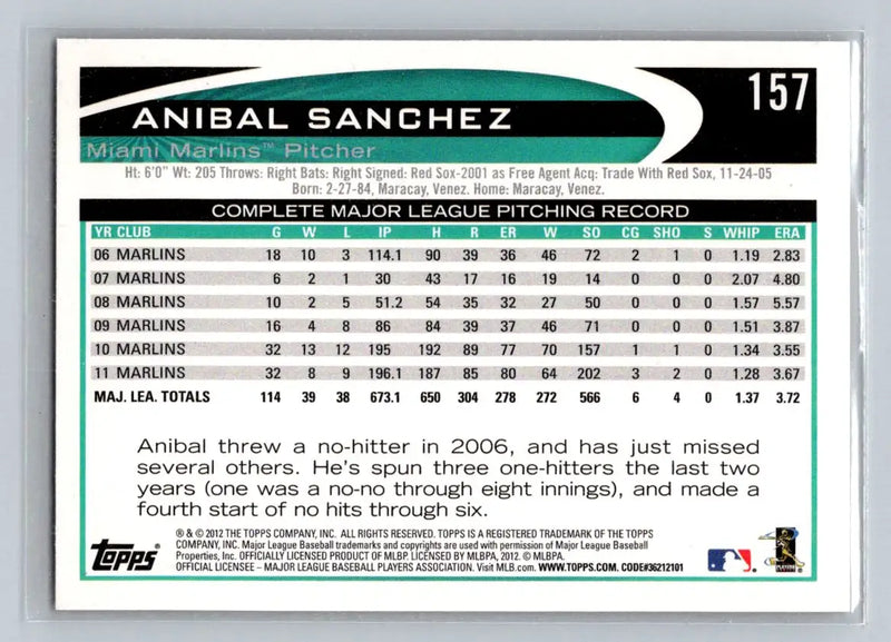 Baseball card back of 2012 Topps 157b Anibal Sanchez Miami Marlins collectible