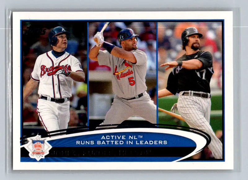 2012 Topps #159 baseball card featuring Chipper Jones, Albert Pujols, and Todd Helton