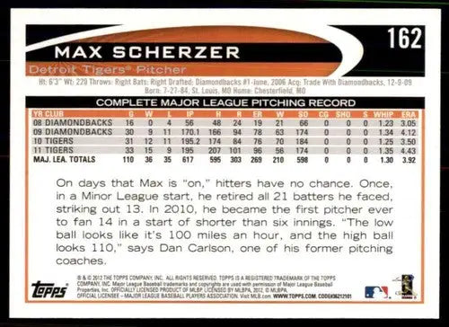 Baseball card back of 2012 Topps Max Scherzer Tigers with original gloss display