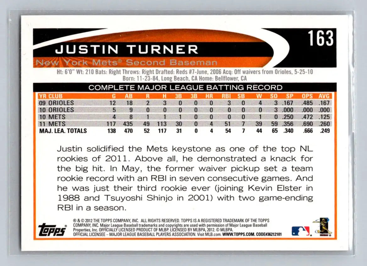 Justin Turner baseball card 2012 Topps #163a featuring the New York Mets star player