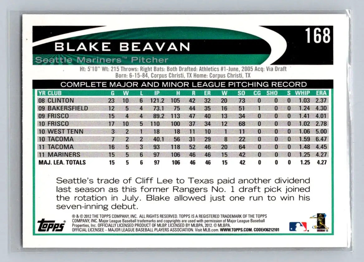 Blake Beavan 2012 Topps #168a Seattle Mariners baseball card collectible item