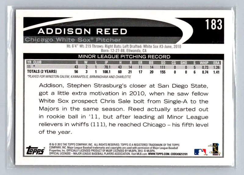 2012 Topps #183b Addison Reed Chicago White Sox Rookie Baseball Card Display