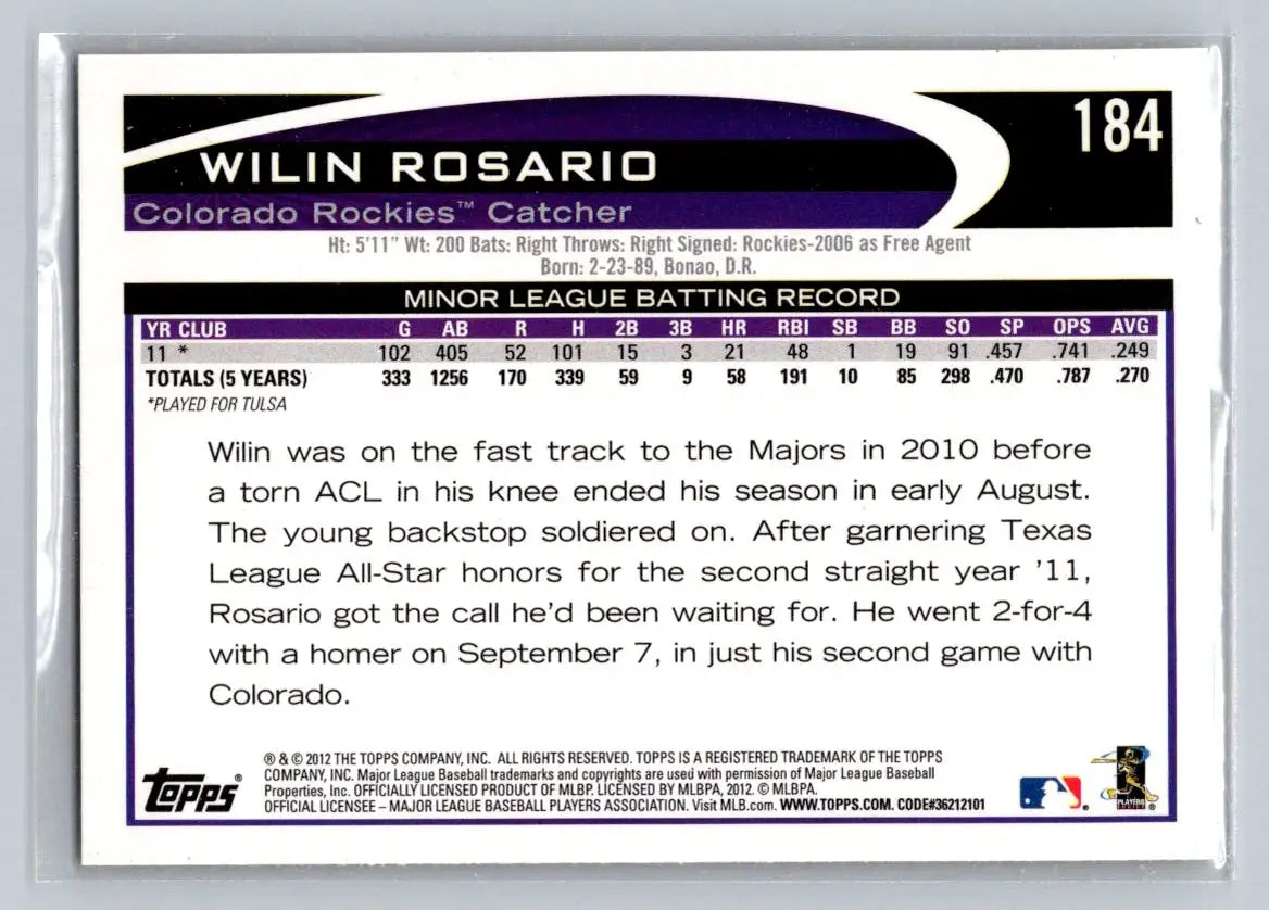 Wilin Rosario baseball card from 2012 Topps 184a Wilin Rosario Colorado Rockies Rookie
