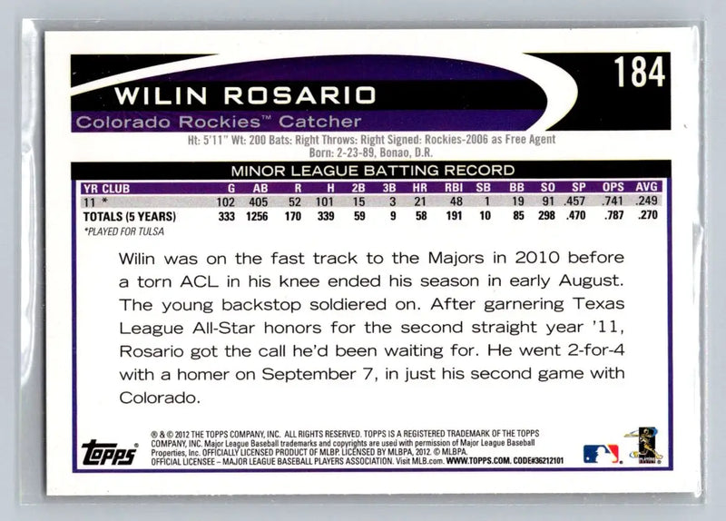 Wilin Rosario baseball card from 2012 Topps 184a Wilin Rosario Colorado Rockies Rookie