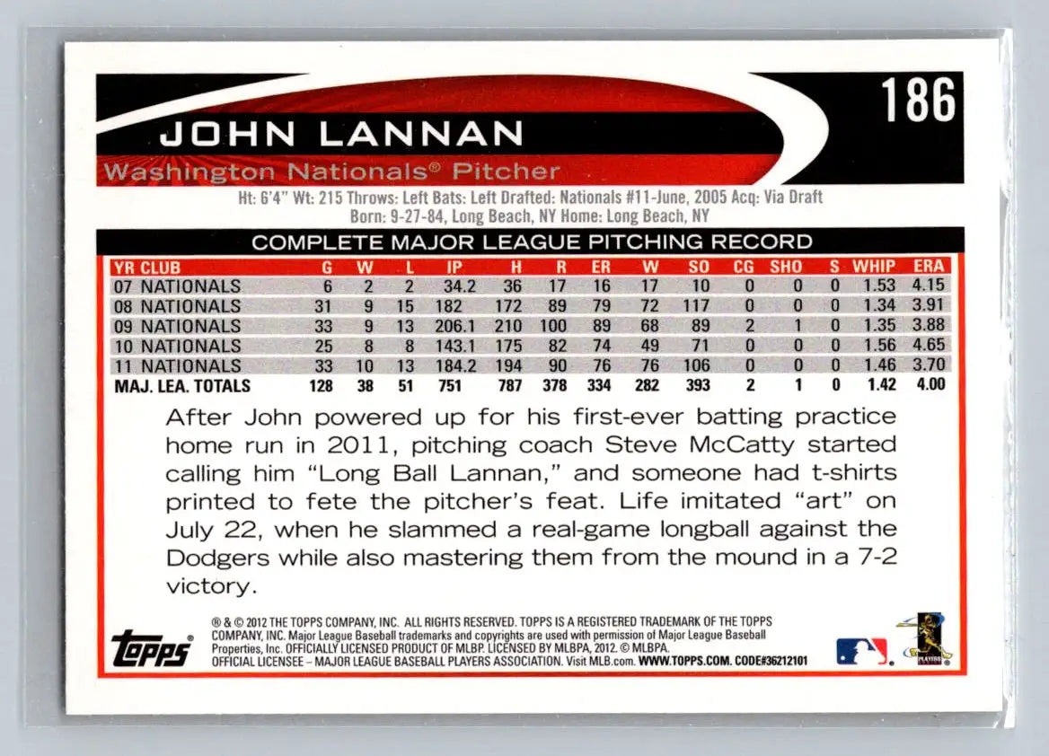 John Lannan 2012 Topps #186b baseball card from Washington Nationals collection