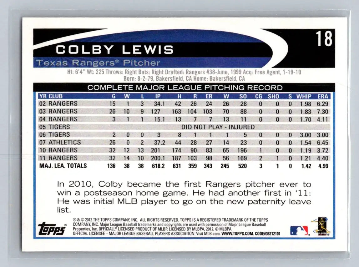 2012 Topps #18a Colby Lewis baseball card featuring the Texas Rangers star pitcher