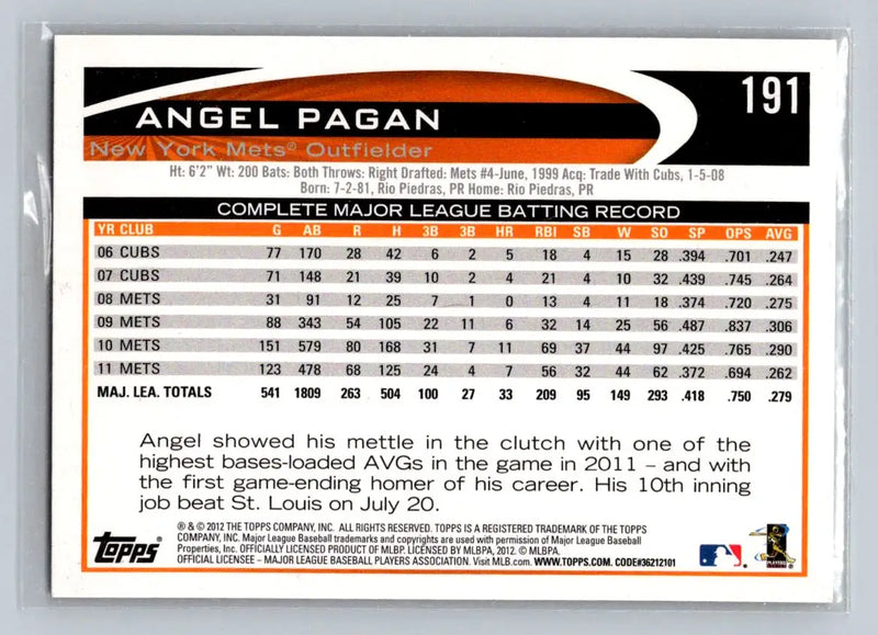 2012 Topps 191a Angel Pagan baseball card featuring the New York Mets player