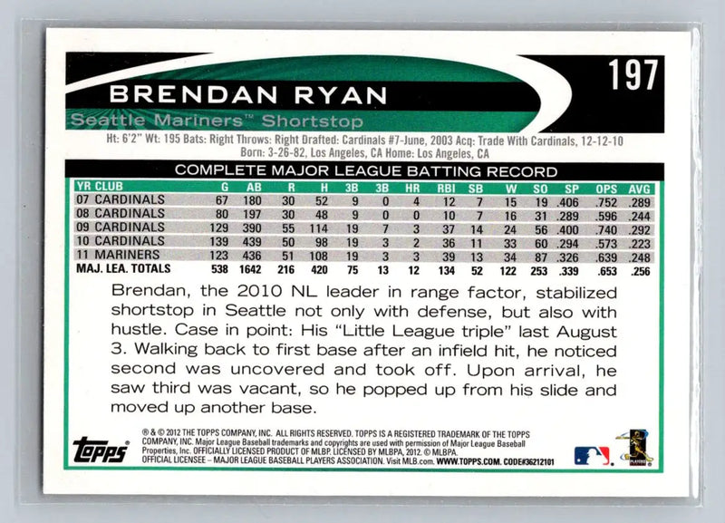 2012 Topps #197a Brendan Ryan baseball card featuring the Seattle Mariners player