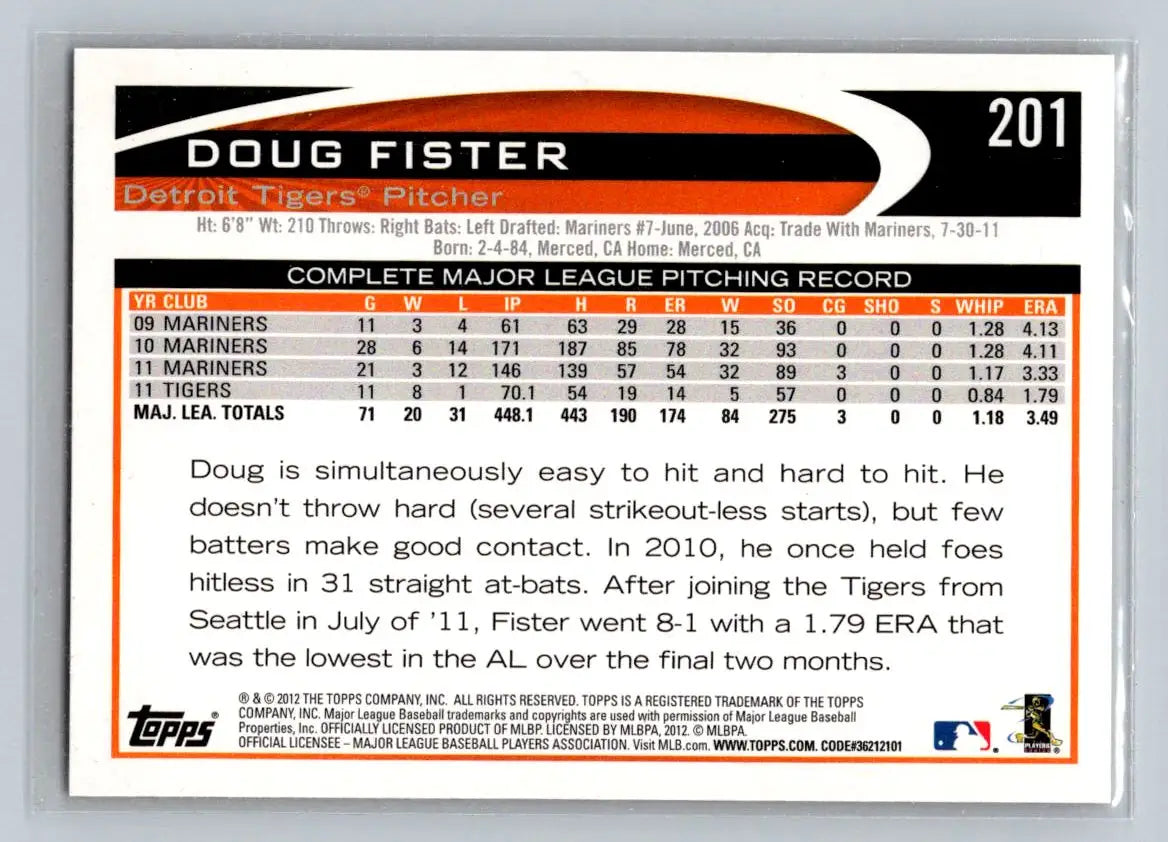 2012 Topps #201b Doug Fister baseball card featuring the Detroit Tigers pitcher