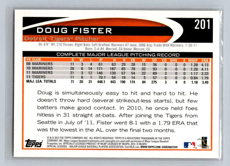 2012 Topps #201b Doug Fister baseball card featuring the Detroit Tigers pitcher
