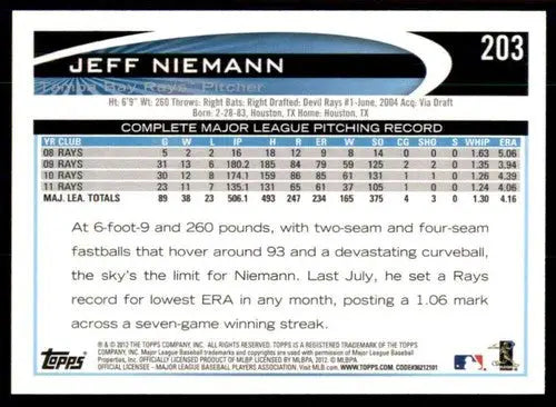2012 Topps #203 Jeff Niemann NM-MT Rays ID:72655 - Baseball Card Single