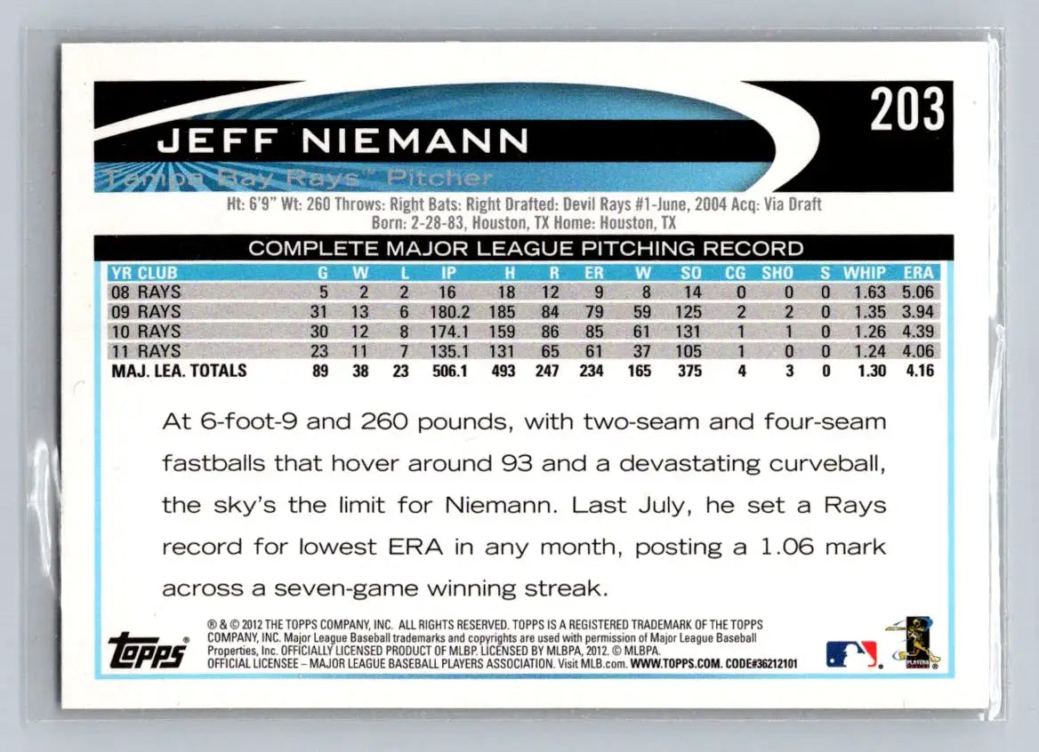Jeff Niemann 2012 Topps #203b baseball card featuring Tampa Bay Rays player