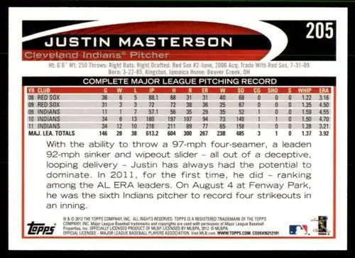 Original gloss Justin Masterson NM-MT baseball card with pitching record and biography