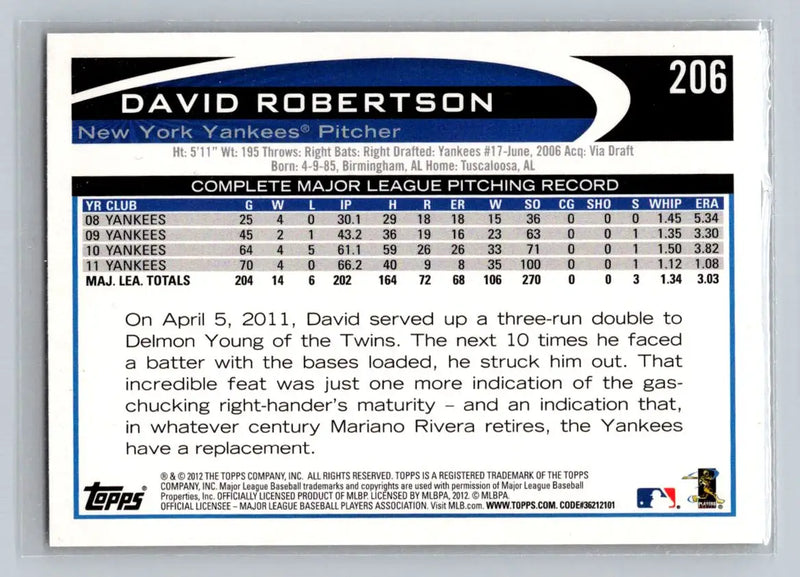 2012 Topps #206a David Robertson baseball card featuring the New York Yankees pitcher