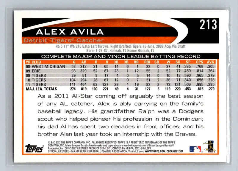2012 Topps #213b Alex Avila baseball card featuring the Detroit Tigers star player